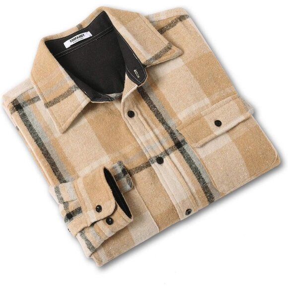 Men Khaki Flannel Shirts Long Sleeve Cotton Plaid Shirt Casual Button Down Shirt - Picture 8 of 8